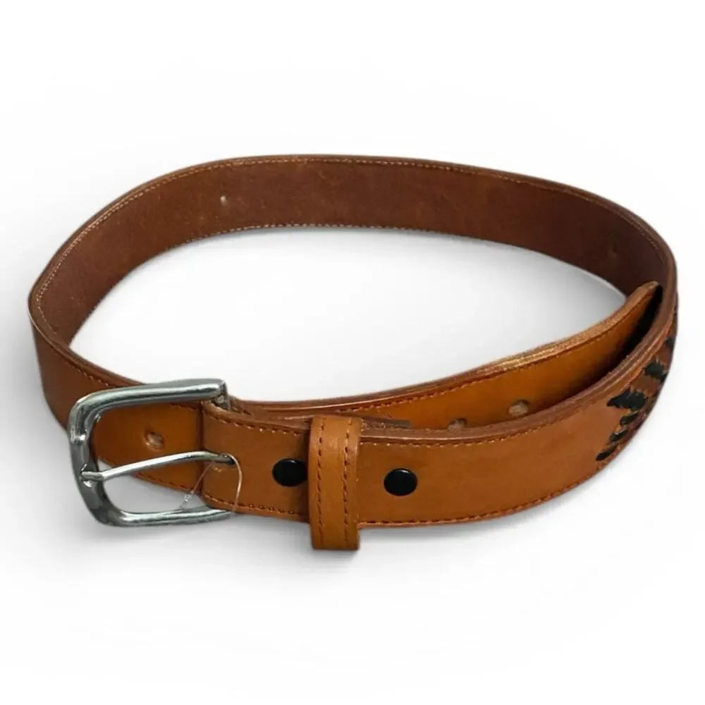 Concho Leather Men's Belt 34 Brown Black Woven Western Design Silver Buckle